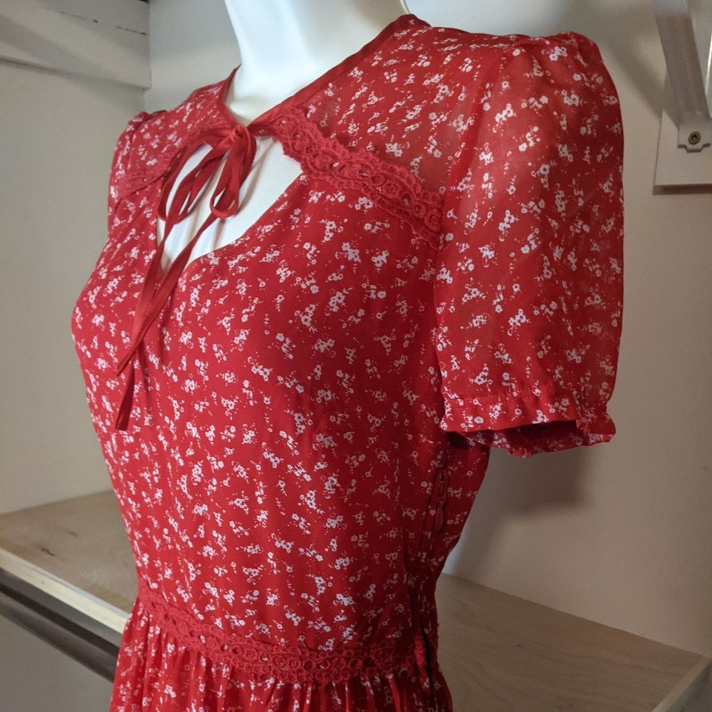 H&M Red and White Floral Print Dress with Ribbon Neck Tie